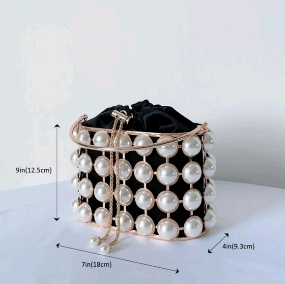 Mini Faux Pearl Decor Drawstring Design Chain Satin Box Bag - Picture 3 of 8